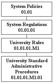 This is a picture of an example of the numbering system used for 
 System Policies, System Regulations, University Rules, and University Standard Administrative Procedures (SAPs).  In this example, the System  Policy is '01.01', the System Regulation is '01.01.01', the University Rule is '01.01.01.M1', and the SAP is '01.01.01.M1.01'.